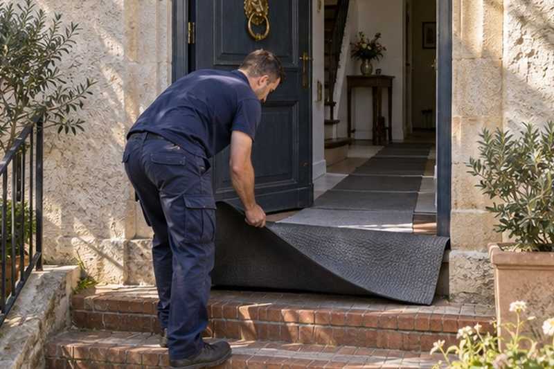 Tapis de protection sur le bord des marches : chantier Rue de l’Europe