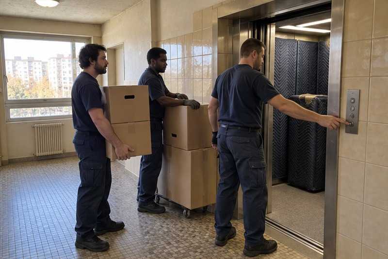 Palier d’ascenseur avec cartons empilés : chantier Rue de la Division Leclerc
