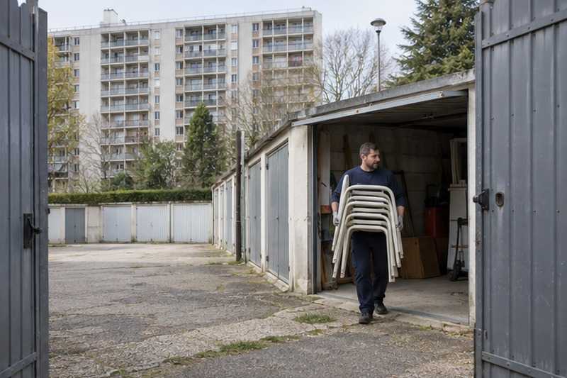 Chaises de jardin sorties d’un garage : chantier Rue Audemars