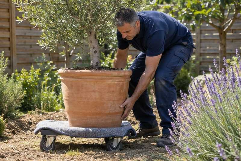 Olivier en pot soulevé au jardin : chantier Rue Charles Legros