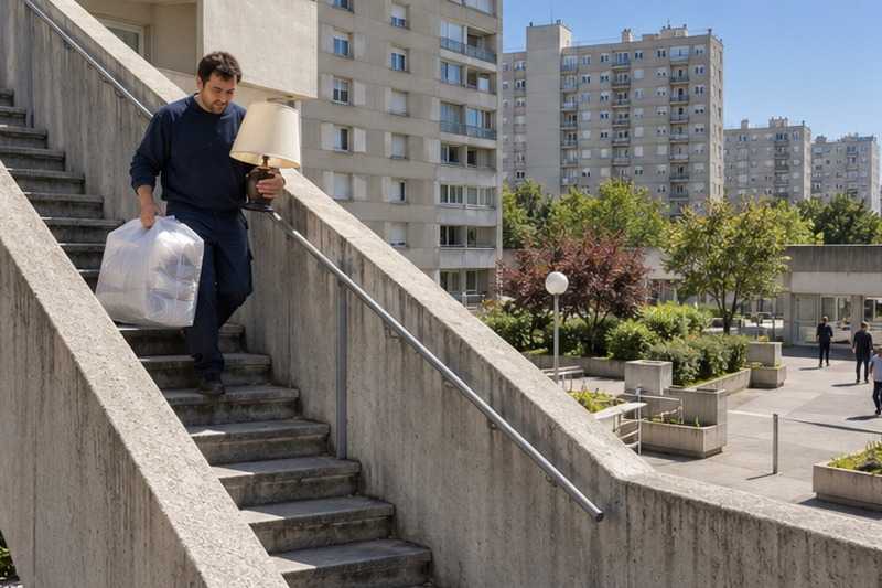 Escalier extérieur d’un grand ensemble : chantier Rue Colbert