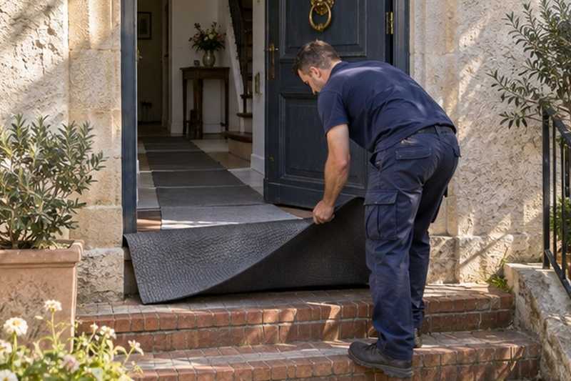 Tapis de protection sur le bord des marches : chantier Rue Auber