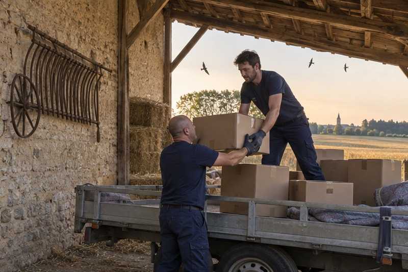 Cartons empilés sous l’auvent d’une grange : chantier Rue Auguste Renoir