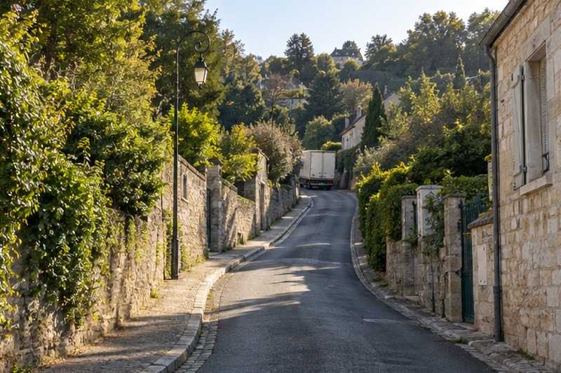 Rue pentue avec un camion au loin