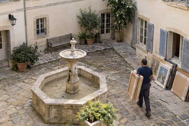 Tableaux emballés le long d’une cour