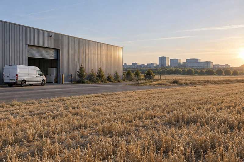 Entrepôt de stockage en bordure de champs : chantier Avenue Jean Mermoz