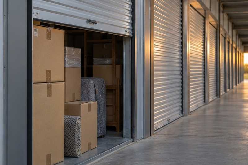 Porte de box entrouverte sur des cartons, Athis-Mons