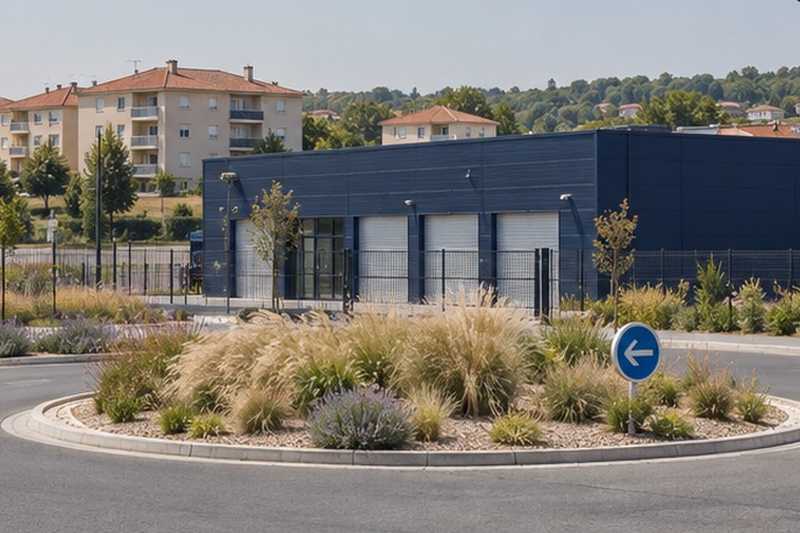 Bâtiment de stockage près d’un rond-point
