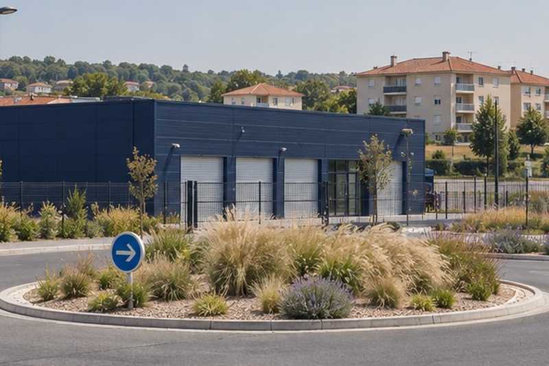 Bâtiment de stockage près d’un rond-point