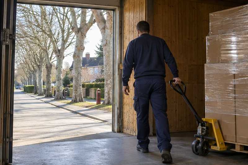 Sortie d’une caisse au transpalette : chantier Rue Alsace Lorraine