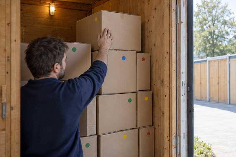 Cartons empilés dans une caisse de stockage : chantier Rue Charles Louis Radot