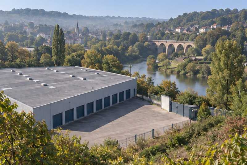 Entrepôt vu depuis le coteau : chantier Allée des Pastoureaux