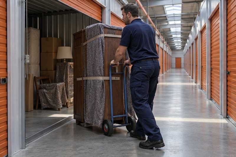 Armoire sanglée roulée vers un box : chantier Rue Alphonse Daudet