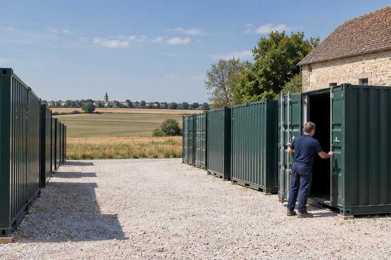 Conteneurs de stockage dans une cour gravillonnée : chantier Rue du Coq