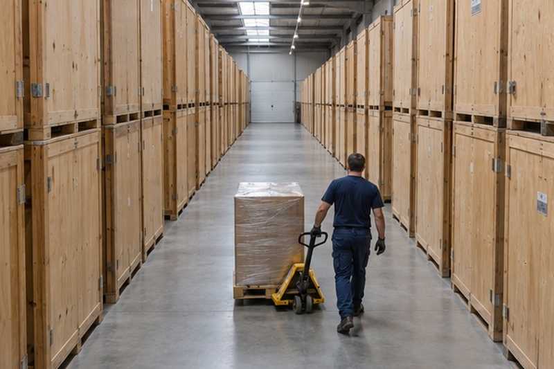 Allée d’entrepôt entre des caisses en bois, Évry-Courcouronnes