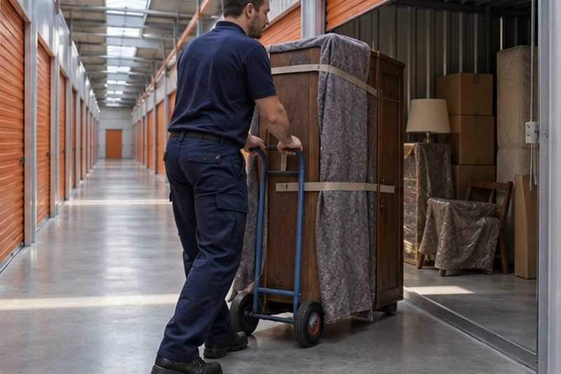 Armoire sanglée roulée vers un box