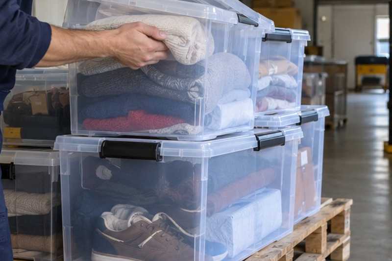 Bacs de vêtements entreposés