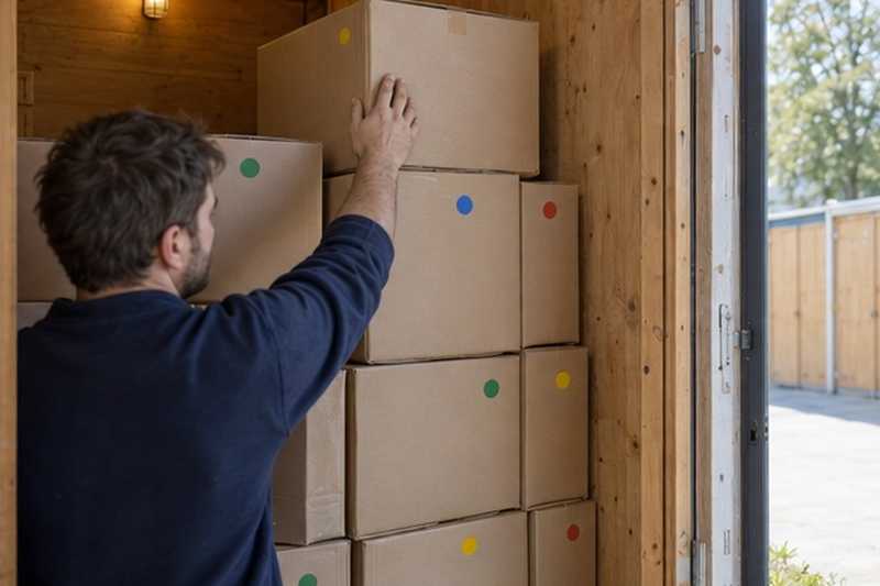 Cartons empilés dans une caisse de stockage