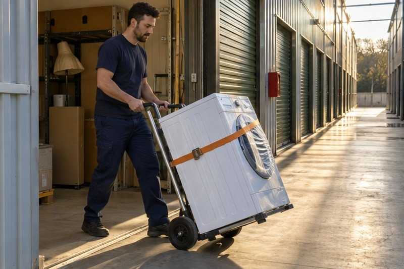Lave-linge sanglé à l’entrée d’un box : chantier Chemin des Boeufs