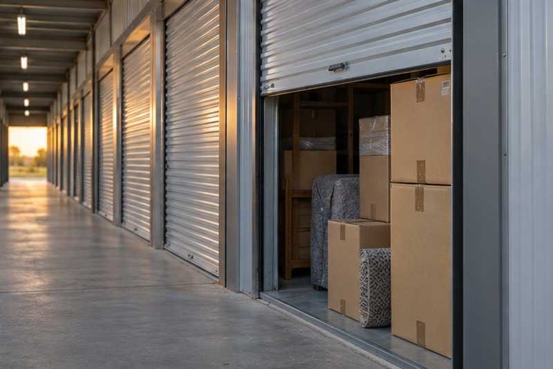 Porte de box entrouverte sur des cartons : chantier Rue de Longjumeau
