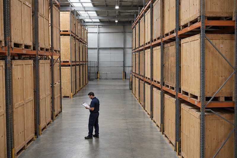 Caisses de stockage sur rayonnages hauts : chantier Rue des Prés