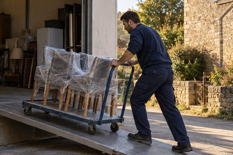 Chaises filmées poussées sur une rampe