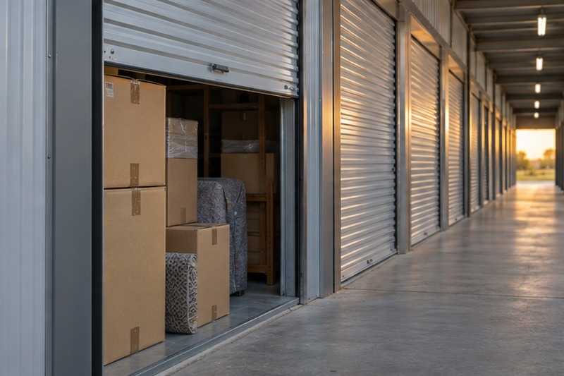 Porte de box entrouverte sur des cartons : chantier Rue Camille Flammarion