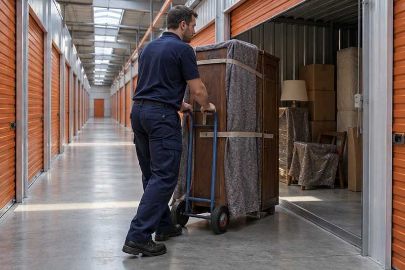 Armoire sanglée roulée vers un box : chantier Rue Adrienne Bolland