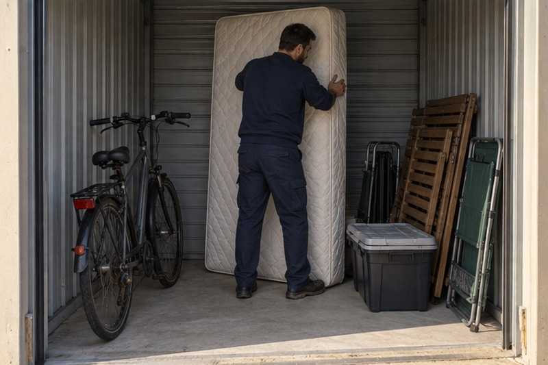 Matelas debout au fond d’un box : chantier Rue de la Ferme