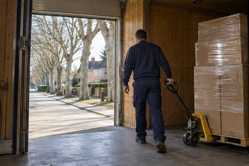 Sortie d’une caisse au transpalette : chantier Rue Jean-Baptiste Charcot