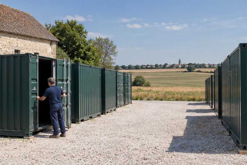 Conteneurs de stockage dans une cour gravillonnée : chantier Rue Alexandre Dumas