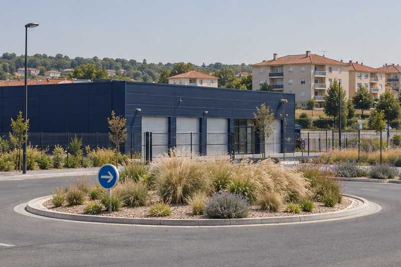 Bâtiment de stockage près d’un rond-point : chantier Avenue du Lieutenant Foucault