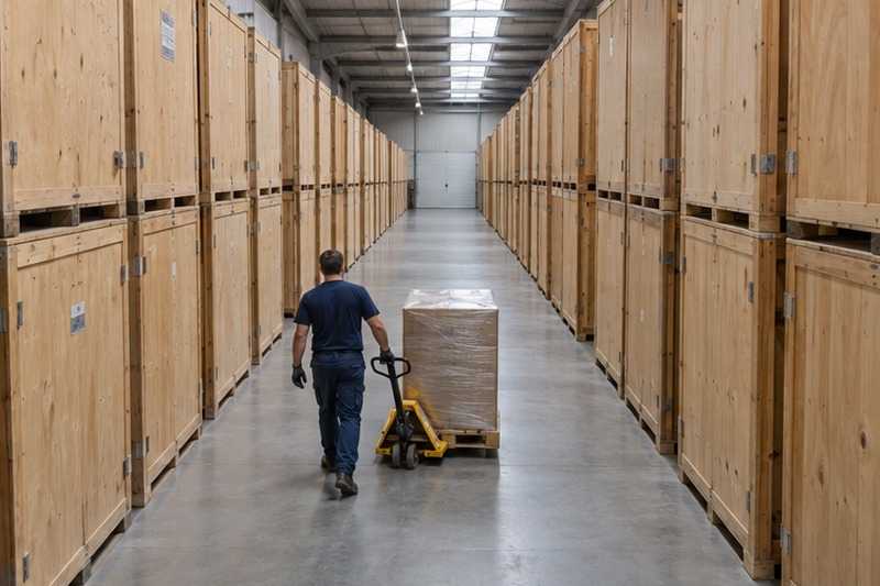 Allée d’entrepôt entre des caisses en bois : chantier Rue Achille Robelti
