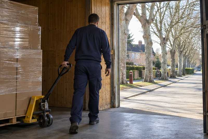 Sortie d’une caisse au transpalette