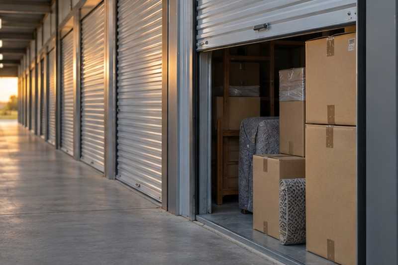 Porte de box entrouverte sur des cartons