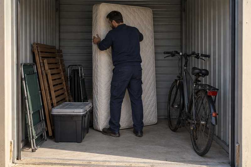 Matelas debout au fond d’un box : chantier Rue Alban Destarac