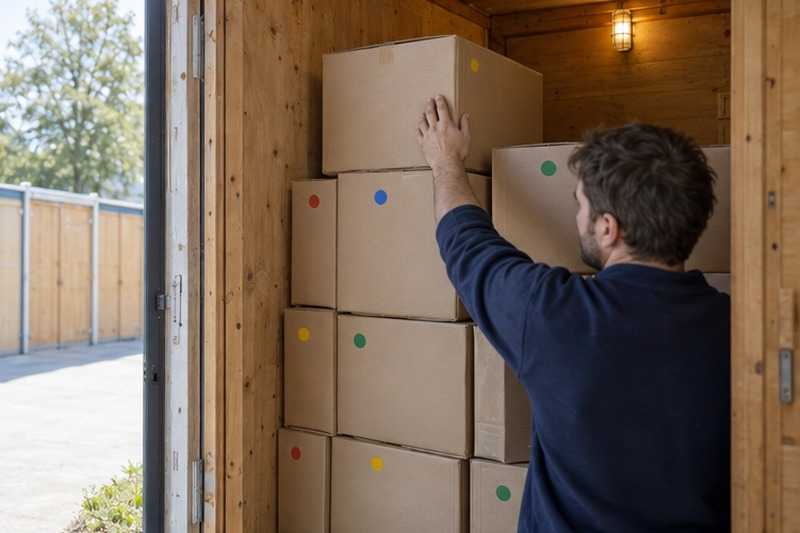 Cartons empilés dans une caisse de stockage : chantier Rue Alfred de Vigny