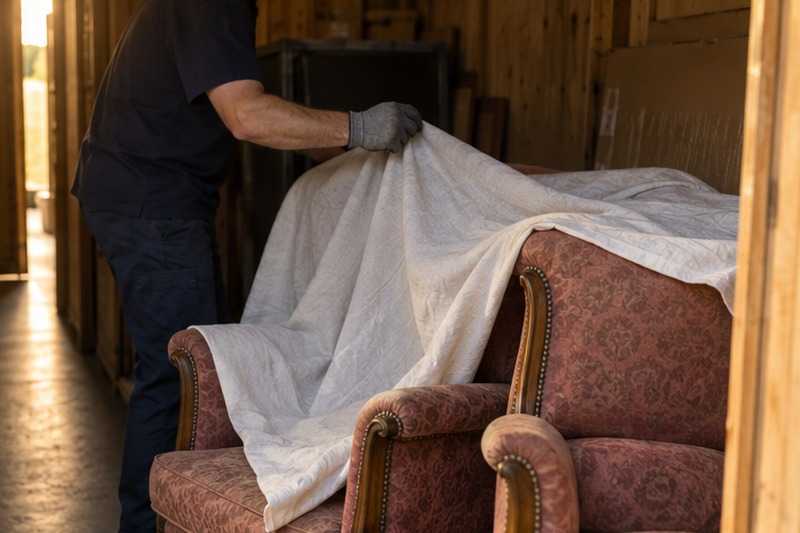 Drap posé sur des fauteuils entreposés : chantier Rue Auguste Renoir