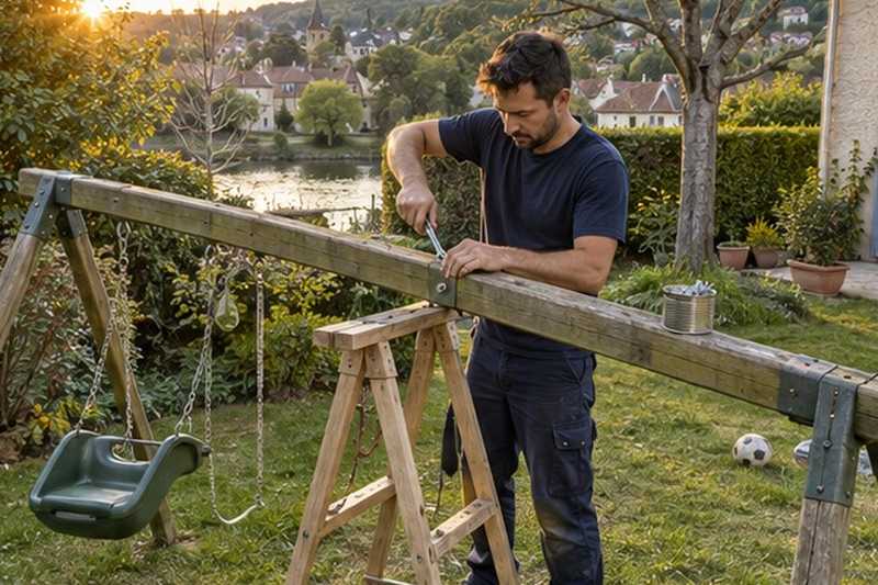 Portique de jardin démonté sur la pelouse