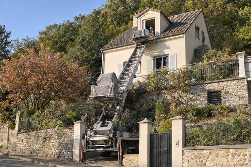 Fauteuil monté vers une lucarne : chantier Allée des Colombes