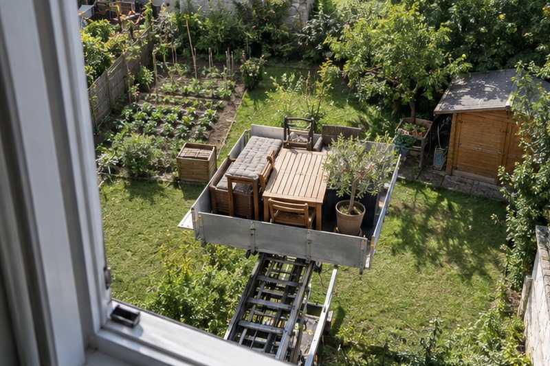 Mobilier de jardin descendu par l’extérieur : chantier Impasse Alfred de Vigny
