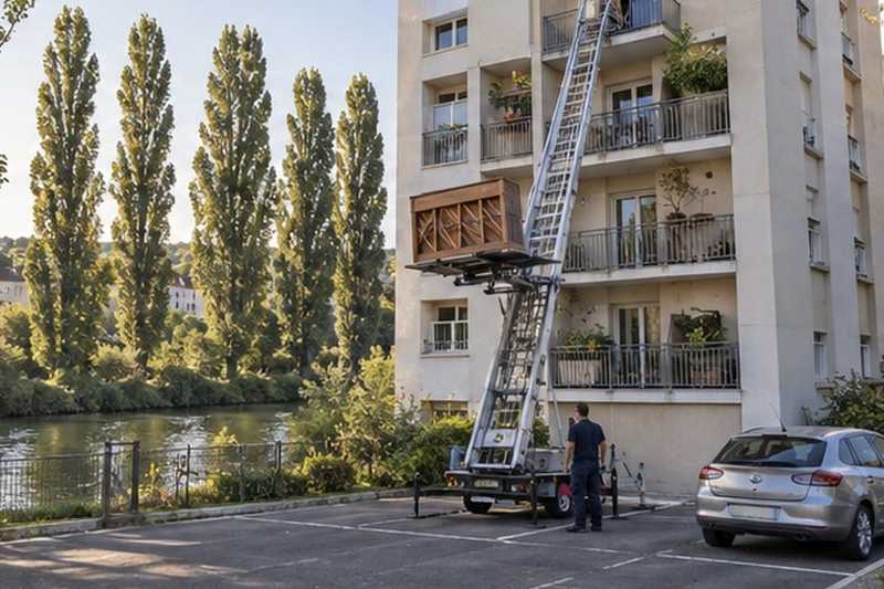 Monte-meuble au pied d’une résidence riveraine, Brétigny-sur-Orge