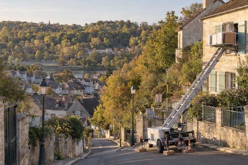 Monte-meuble calé dans une rue en pente