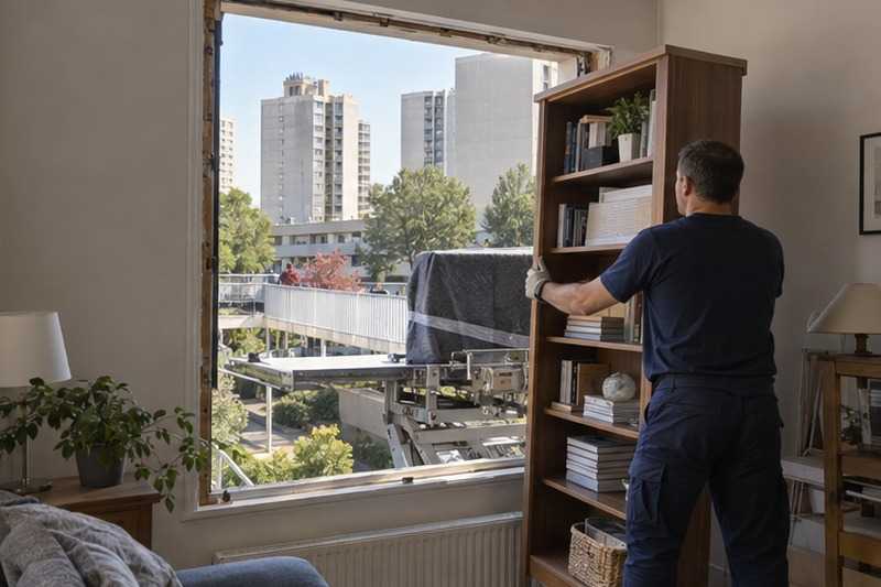 Bibliothèque entrant par une fenêtre déposée : chantier Rue Albert Camus
