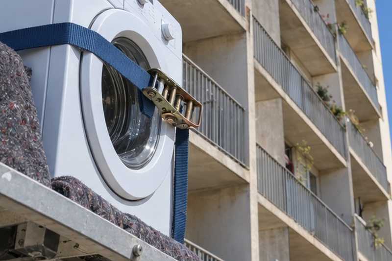 Machine à laver sanglée sur la plateforme