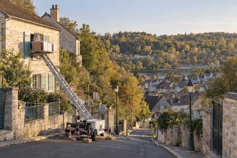 Monte-meuble calé dans une rue en pente : chantier Rue de la Montagne des Glaises