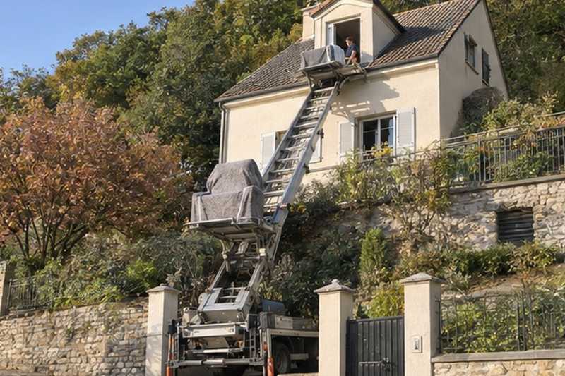 Fauteuil monté vers une lucarne : chantier Rue Lavoisier