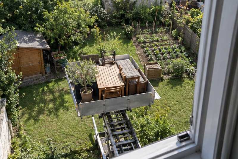 Mobilier de jardin descendu par l’extérieur : chantier Allée de Villeneuve