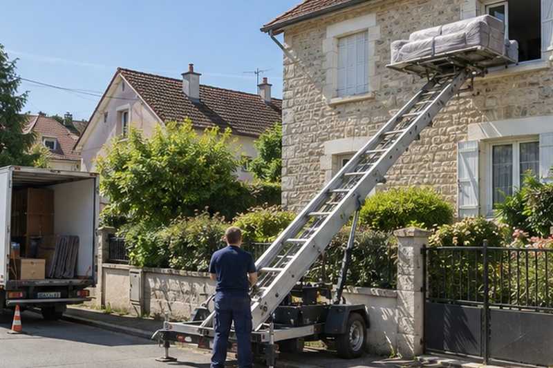 Canapé hissé le long d’une maison en meulière : chantier Rue Alphonse Dida