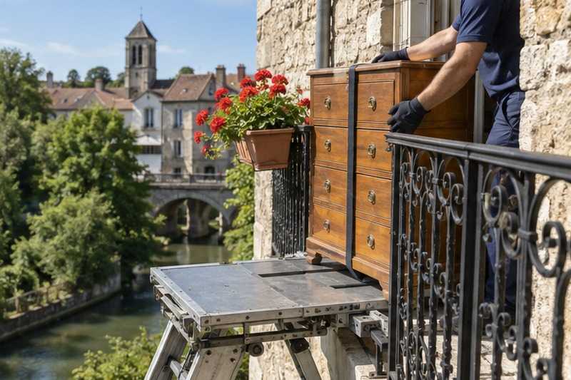 Commode tirée sur un balcon en fer forgé : chantier Rue Bizet